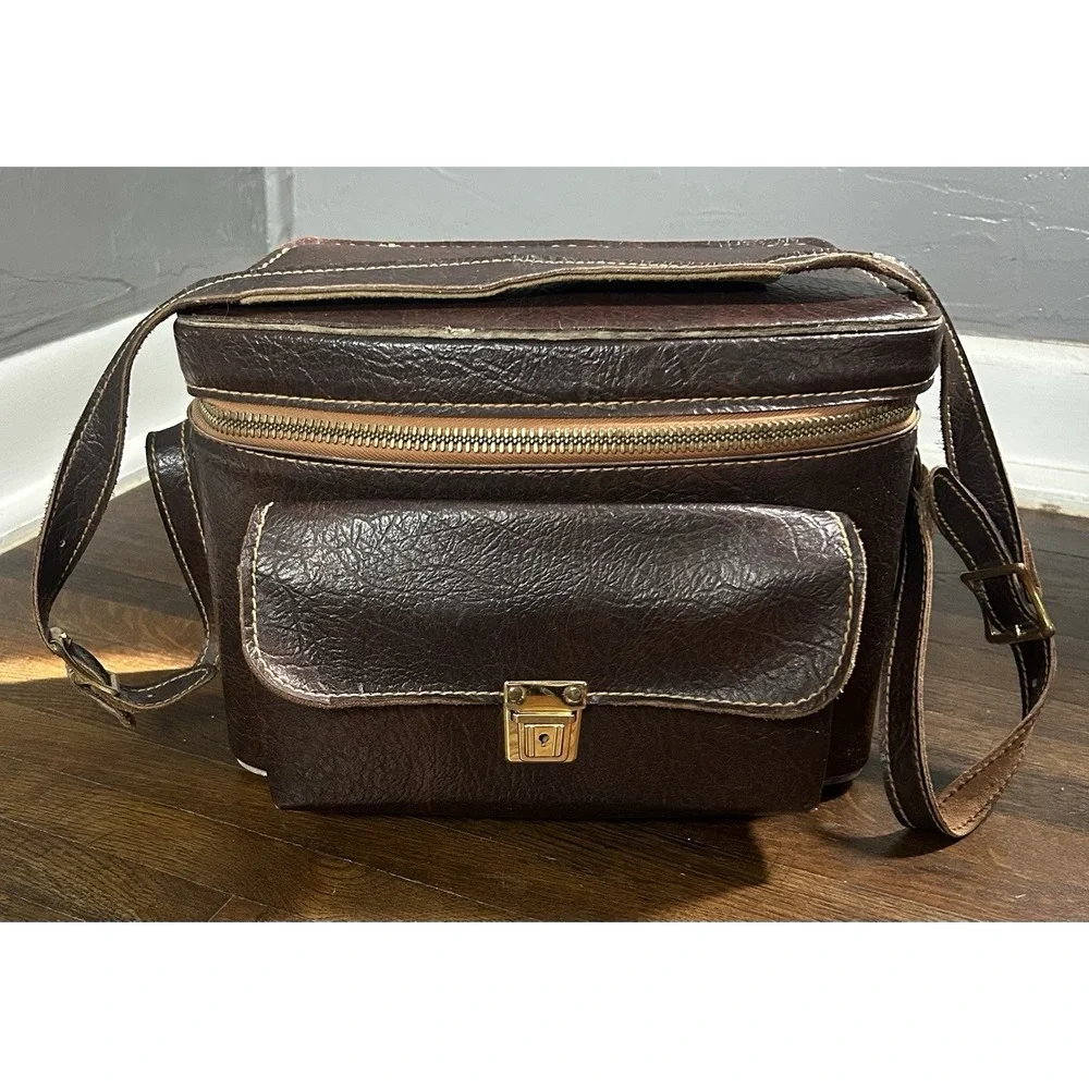 Vintage Camera‎ Bag Brown Leather Carrying Case Shoulder Strap Collectable Prop